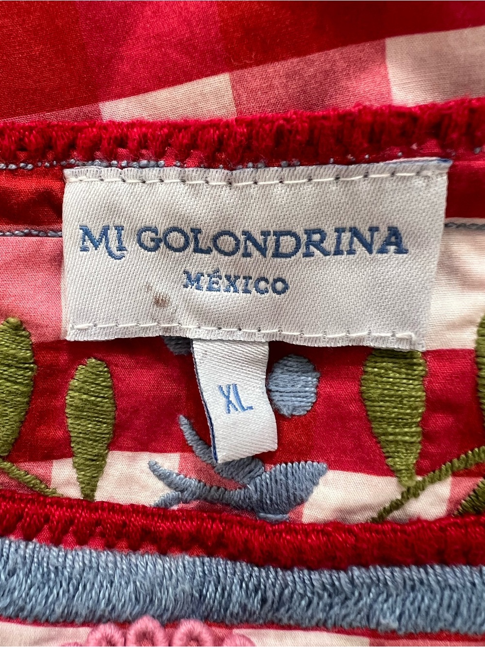 Mi Golondrina Red Pink and White Gingham Embroidered Peasant Short Dress XL - Picture 7 of 7
